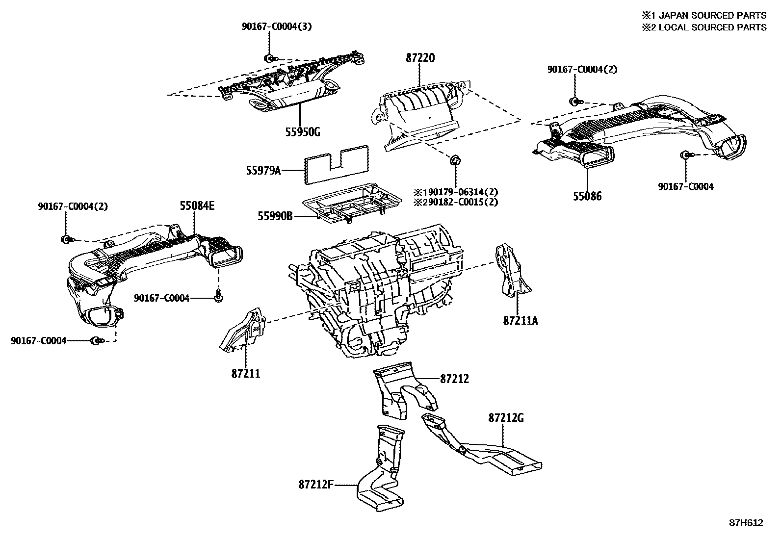Toyota COROLLA 暖风和空调系统 - 控制器和风管 EPC diagram — 87H612