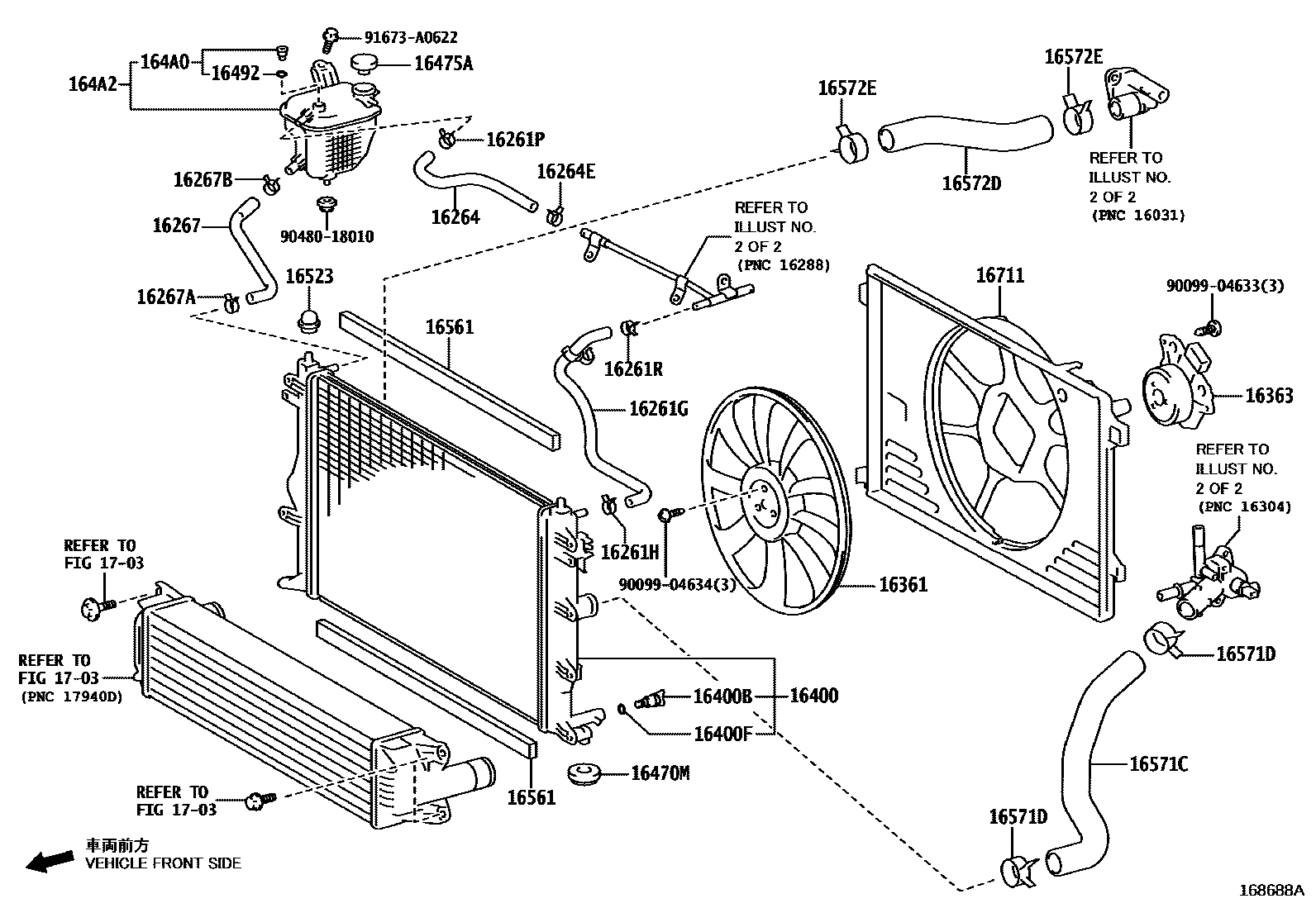 Toyota COROLLA RADIATOR & WATER OUTLET EPC diagram — 168688A