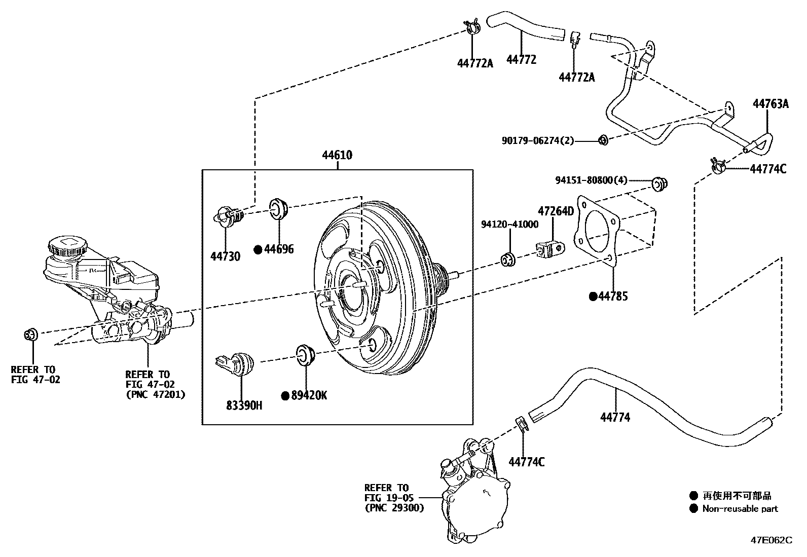 Toyota COROLLA 制动助力器和真空管 EPC diagram — 47E062C