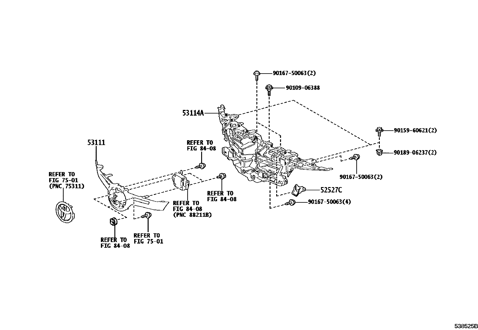 Toyota COROLLA radiator grille EPC diagram — 538525B