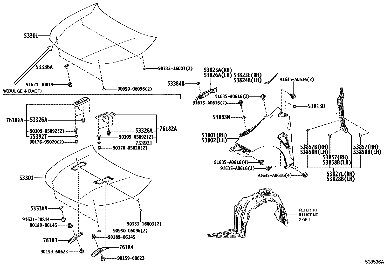 Toyota COROLLA 发动机盖和前翼子板 EPC diagram — 538536A