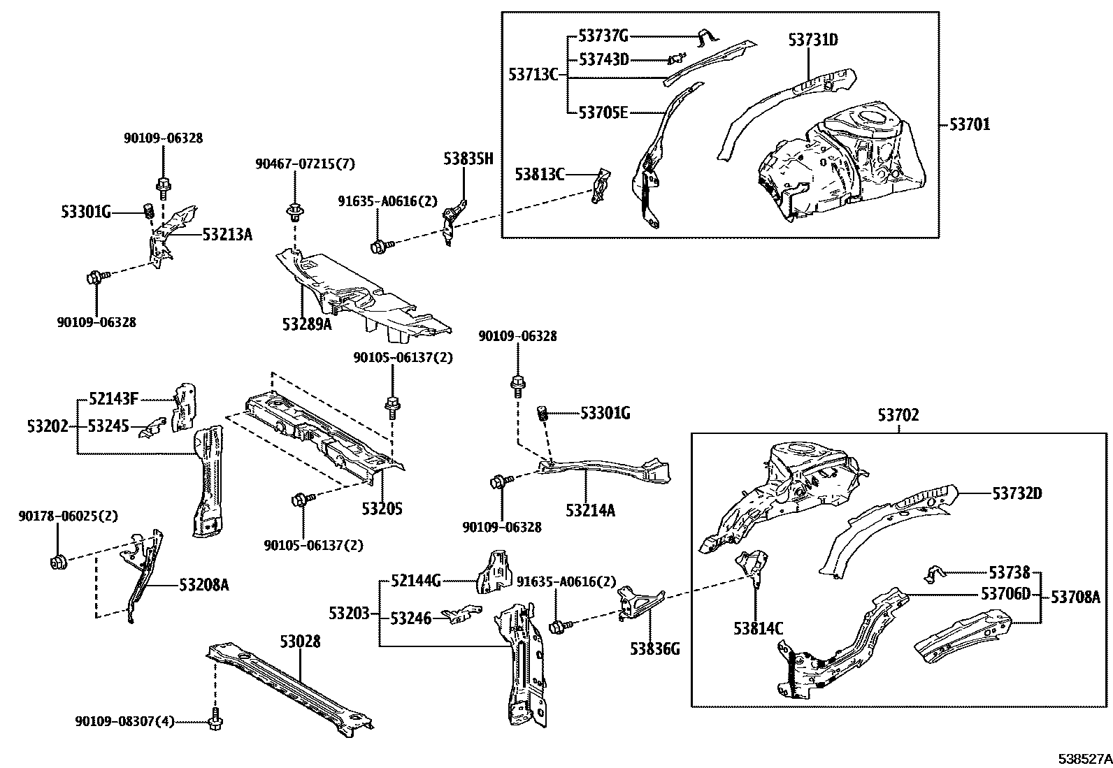 Toyota COROLLA 前翼子板挡泥板和前围板 EPC diagram — 538527A