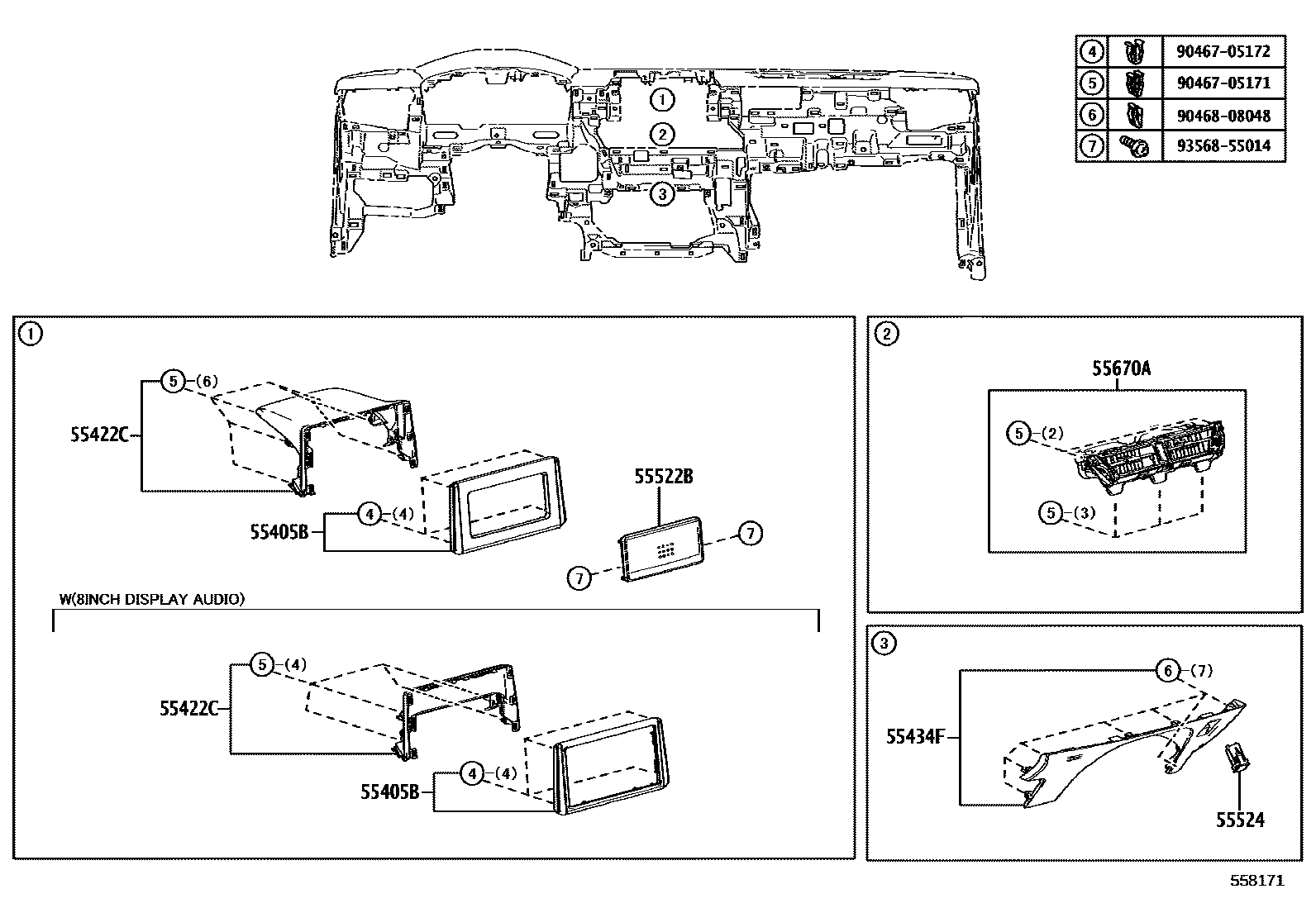 Toyota COROLLA 仪表板和手套箱 EPC diagram — 558171