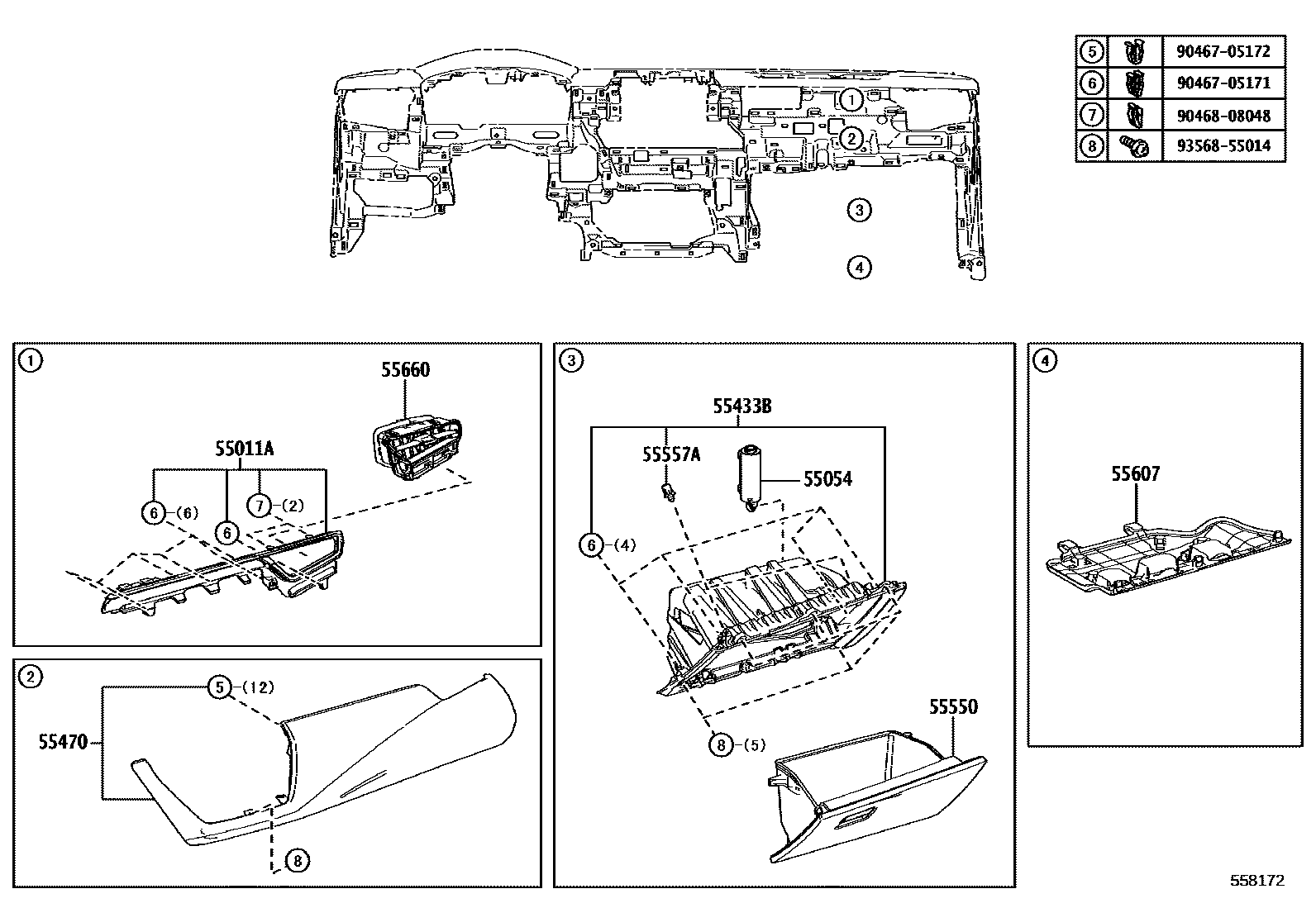 Toyota COROLLA 仪表板和手套箱 EPC diagram — 558172