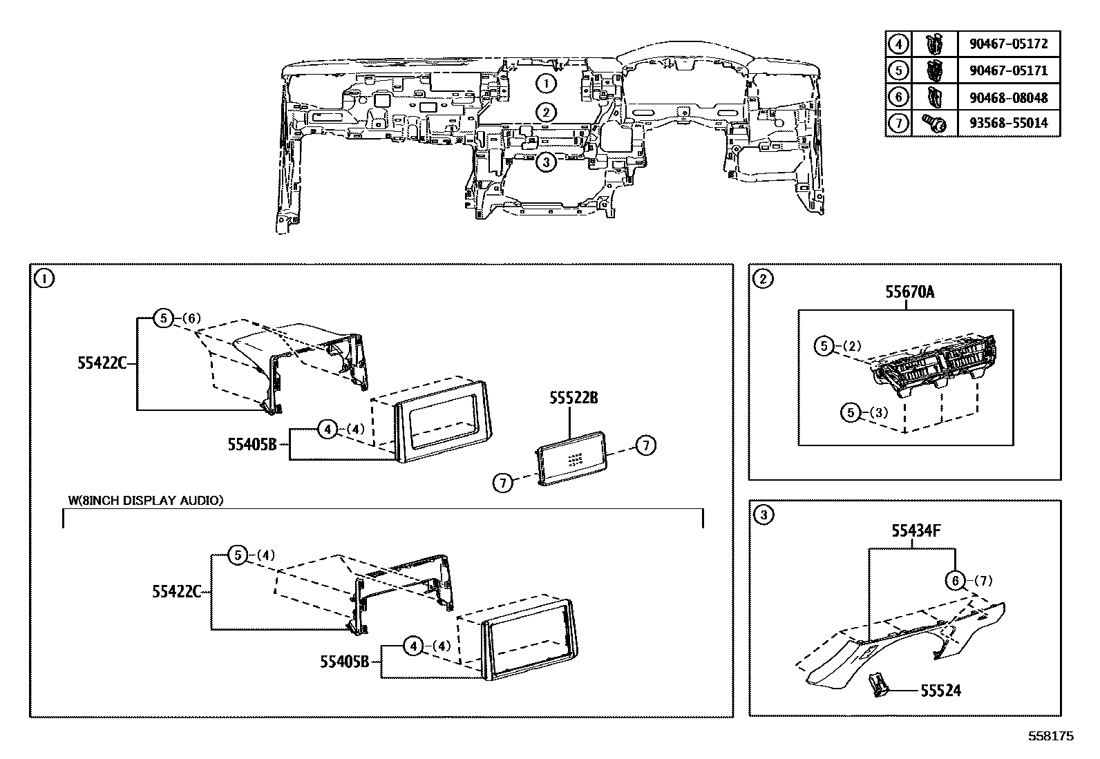 Toyota COROLLA 仪表板和手套箱 EPC diagram — 558175