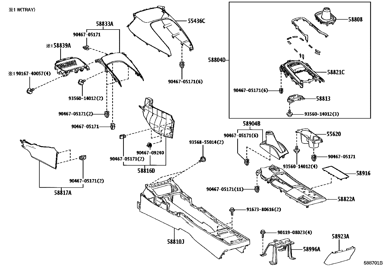 Toyota COROLLA 中央扶手箱和支架 EPC diagram — 588701B