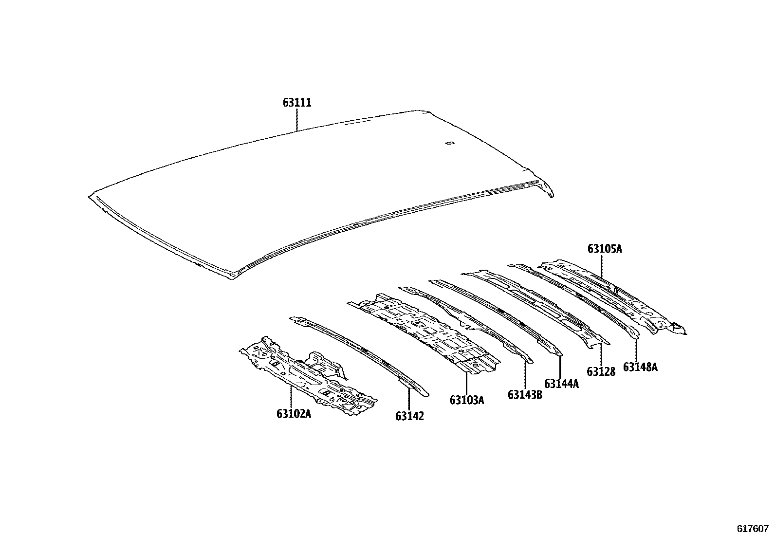 Toyota COROLLA 天窗板和背窗玻璃 EPC diagram — 617607