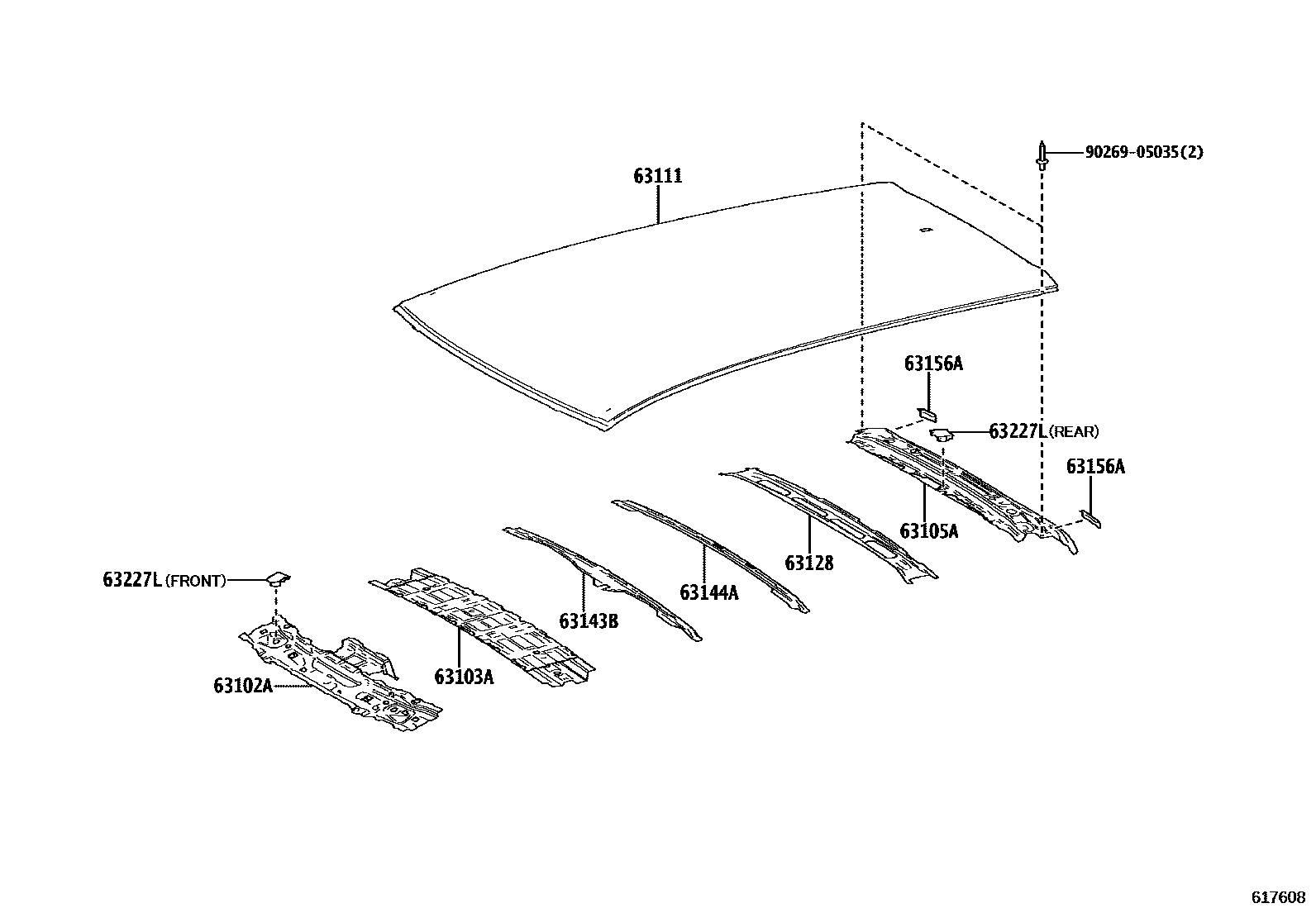 Toyota COROLLA 天窗板和背窗玻璃 EPC diagram — 617608