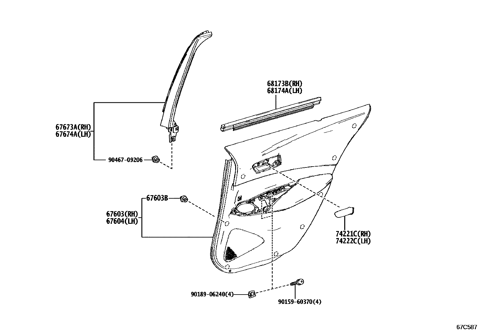 Toyota COROLLA 后门板和后门玻璃 EPC diagram — 67C587