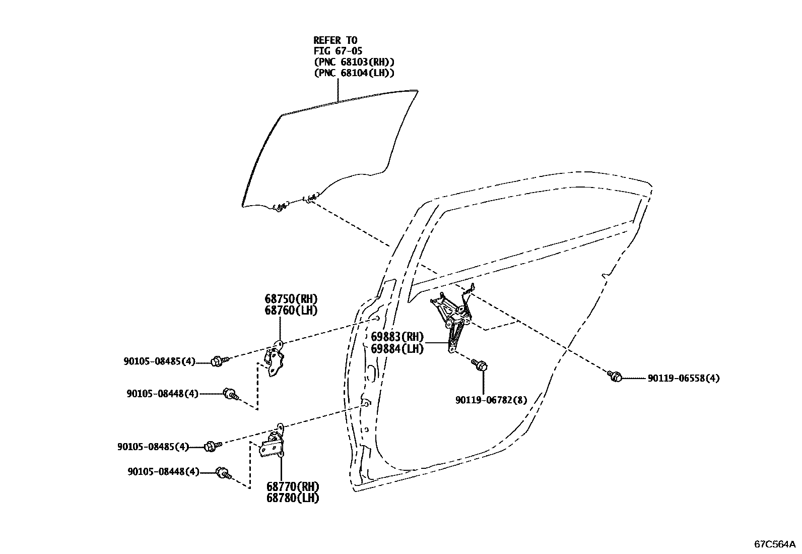 Toyota COROLLA 后门车窗升降器和合页 EPC diagram — 67C564A