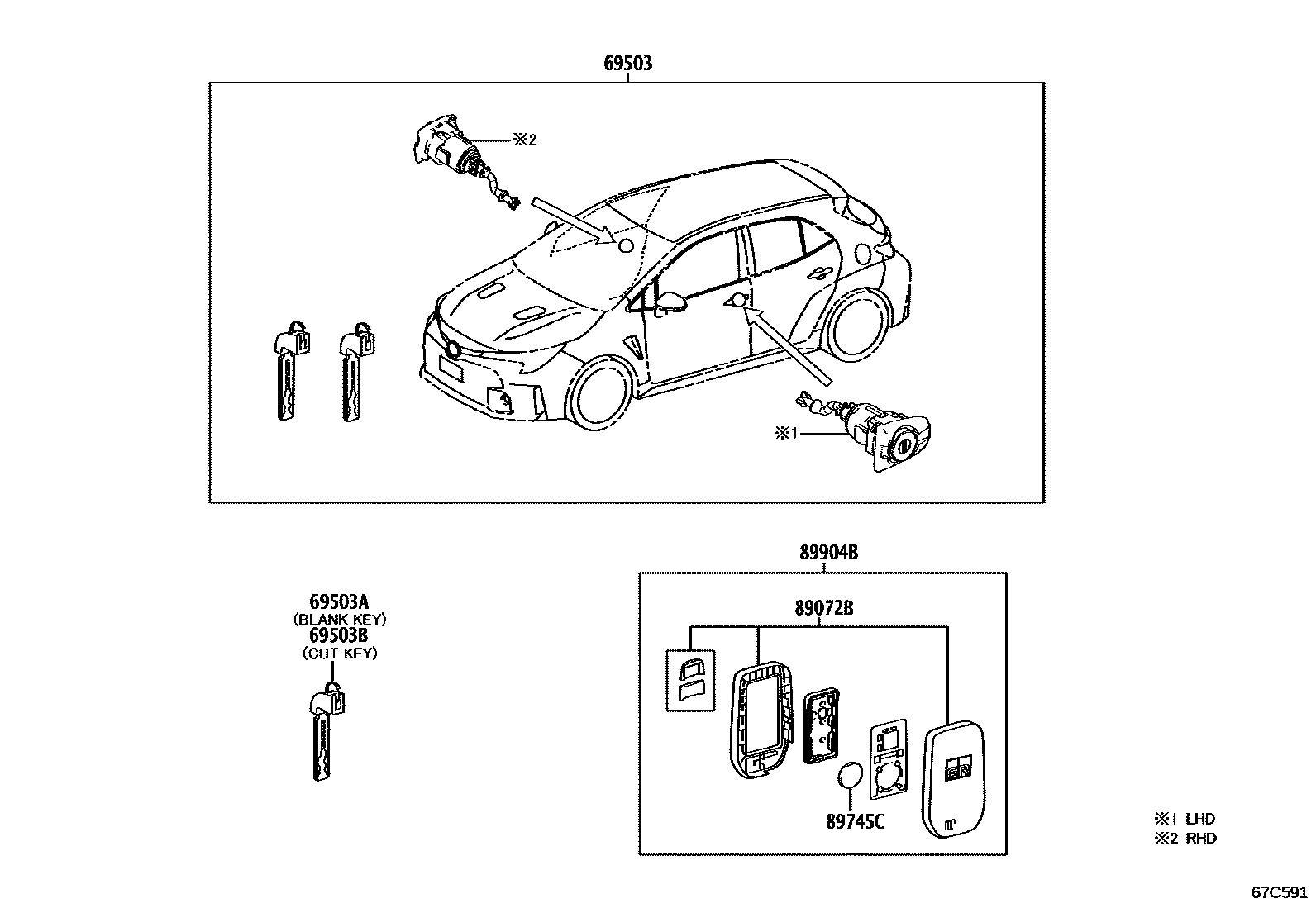 Toyota COROLLA 锁芯组件 EPC diagram — 67C591