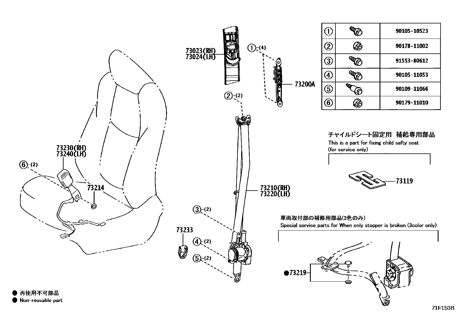 Toyota COROLLA 安全带和儿童保护座椅 EPC diagram — 71F153B