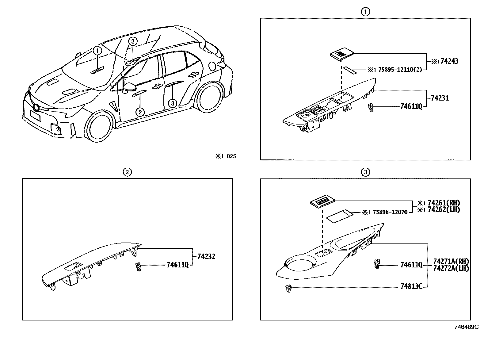 Toyota COROLLA 扶手和遮阳板 EPC diagram — 746489C