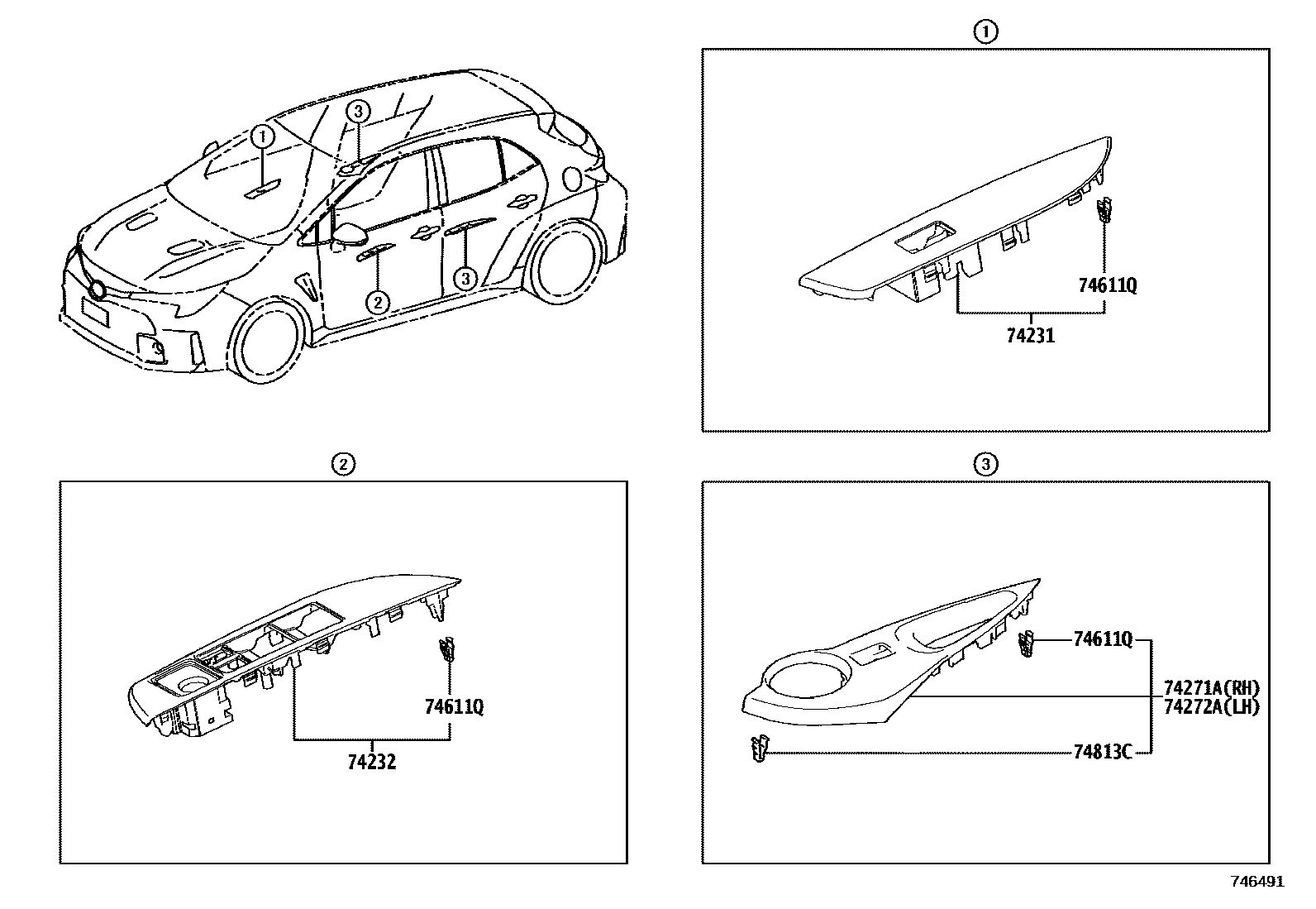 Toyota COROLLA 扶手和遮阳板 EPC diagram — 746491