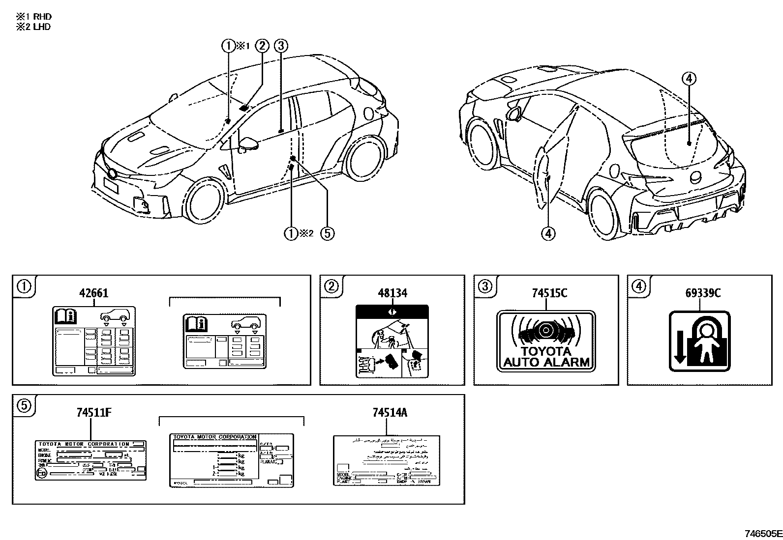 Toyota COROLLA 警示铭牌(车外和车内) EPC diagram — 746505E