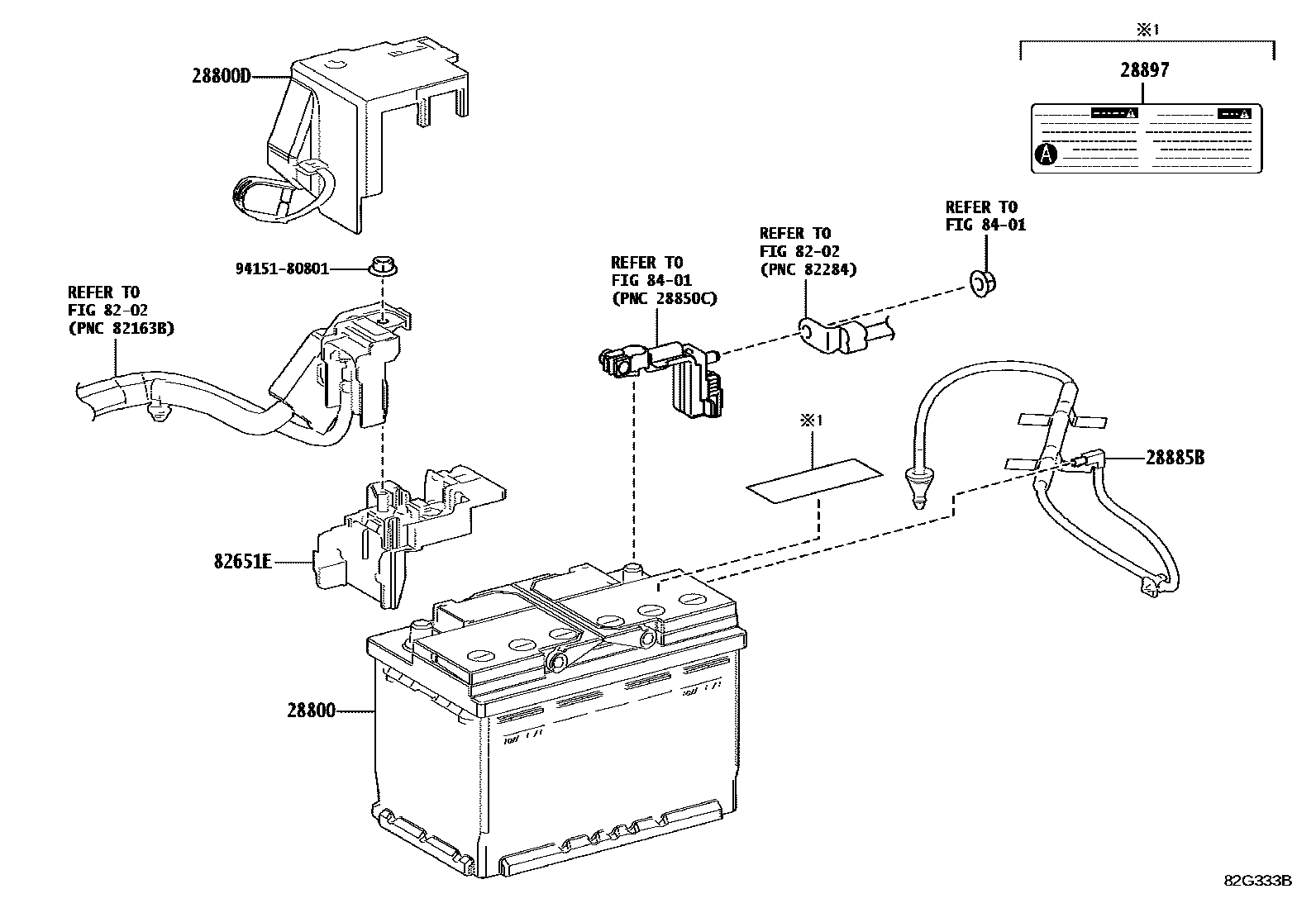 Toyota COROLLA 蓄电池和蓄电池电缆 EPC diagram — 82G333B