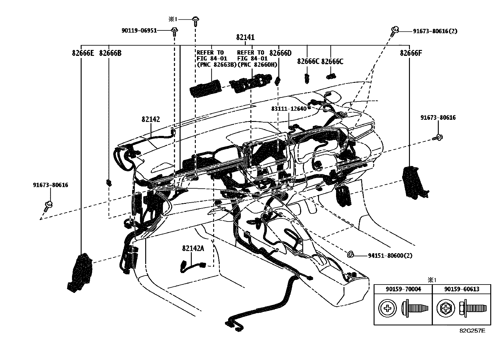 Toyota COROLLA 线束和卡夹 EPC diagram — 82G257E