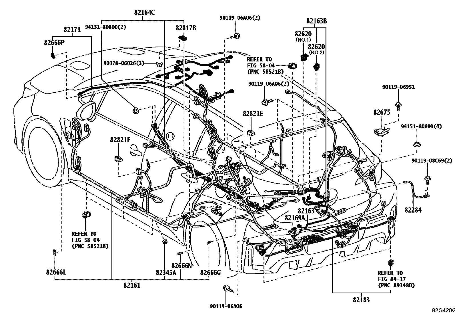 Toyota COROLLA 线束和卡夹 EPC diagram — 82G420G