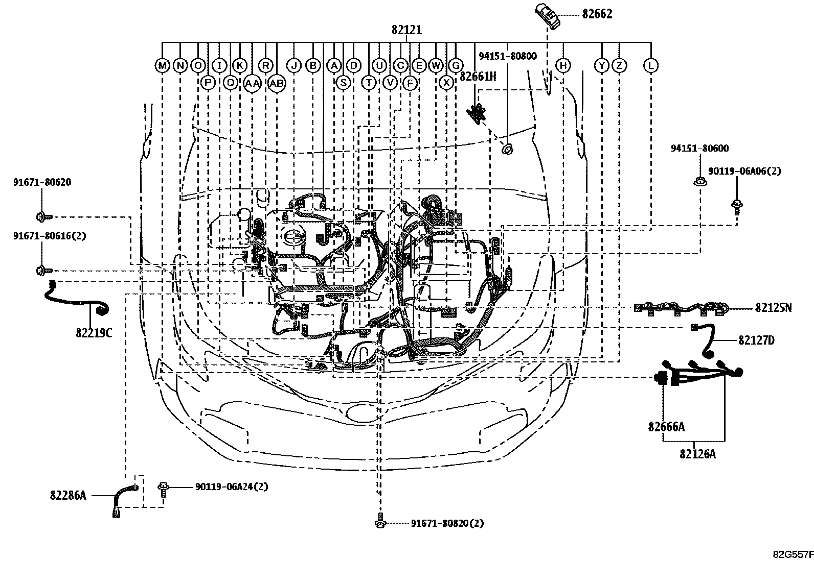 Toyota COROLLA 线束和卡夹 EPC diagram — 82G557F