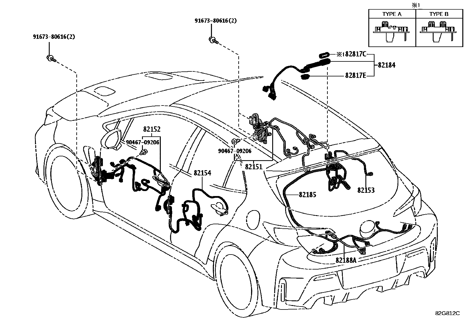 Toyota COROLLA 线束和卡夹 EPC diagram — 82G812C