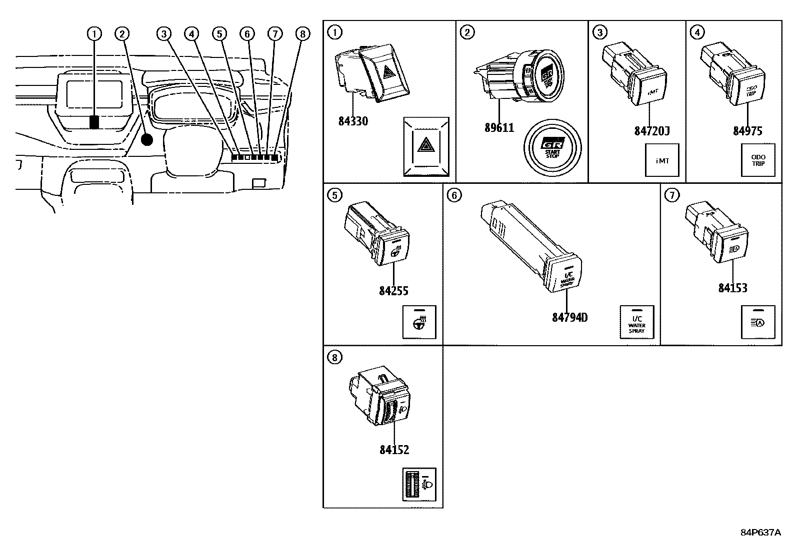 Toyota COROLLA 开关和继电器和ECU EPC diagram — 84P637A