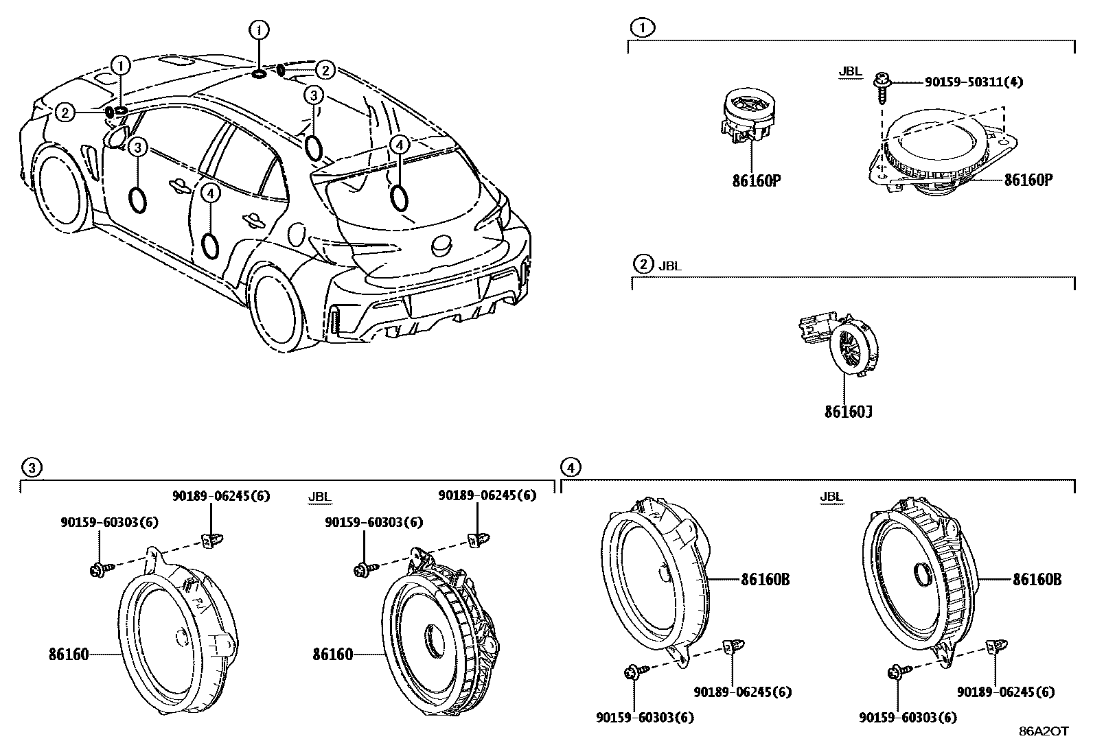 Toyota COROLLA 扬声器 EPC diagram — 86A2OT