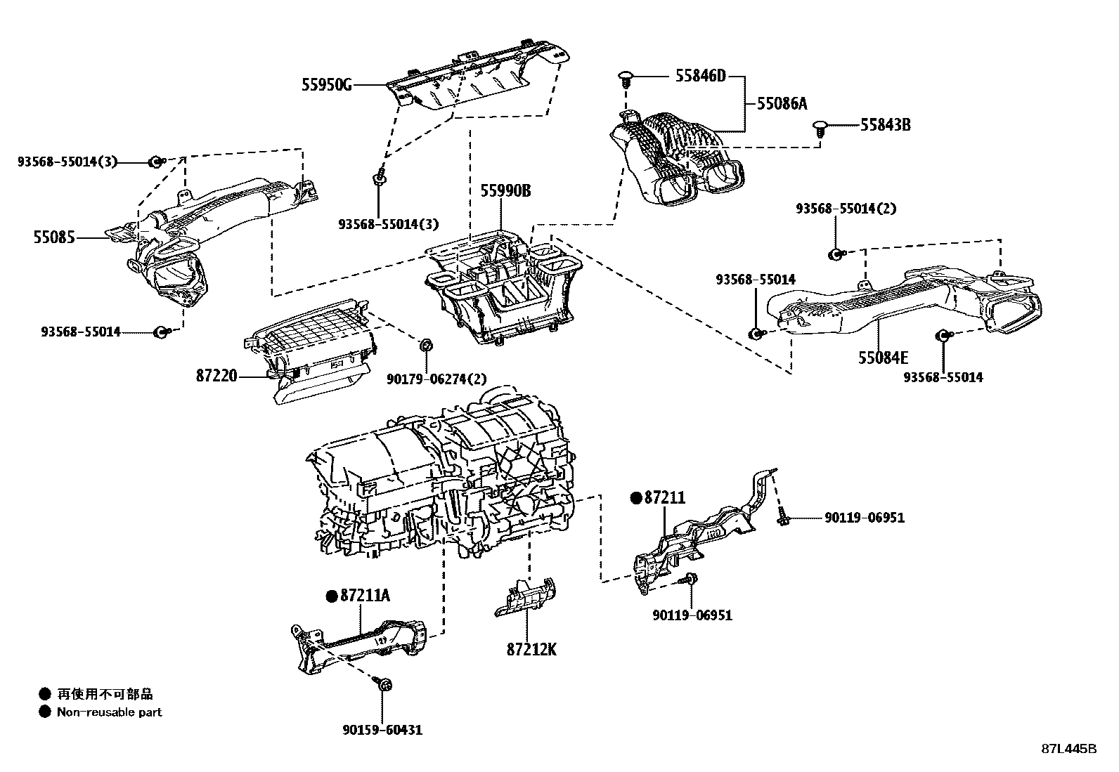 Toyota COROLLA 暖风和空调系统 - 控制器和风管 EPC diagram — 87L445B