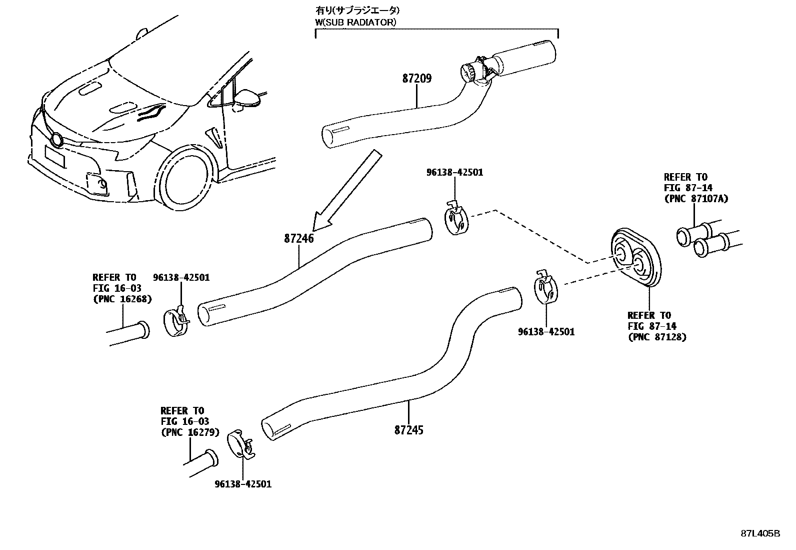 Toyota COROLLA 暖风和空调系统 - 水管 EPC diagram — 87L405B
