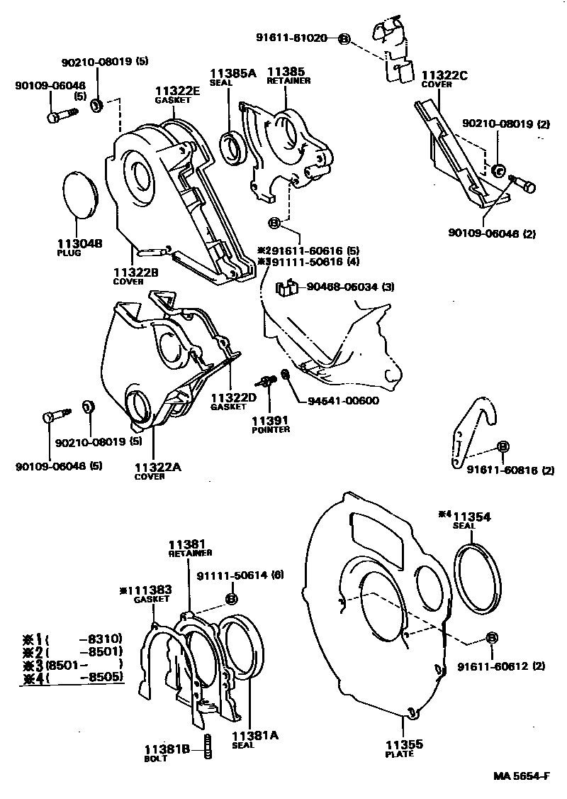 Toyota COROLLA Timing Gear Cover & Rear End Plate EPC diagram — MA5654F
