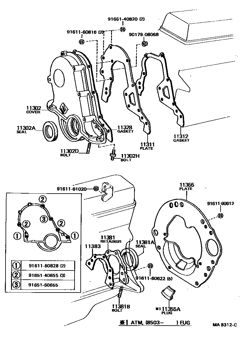 Toyota COROLLA Timing Gear Cover & Rear End Plate EPC diagram — MA8312C