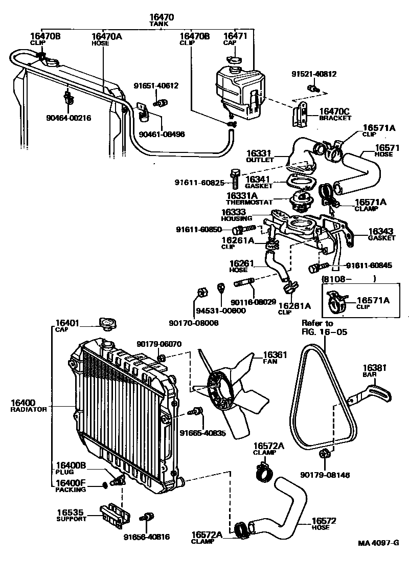 Toyota COROLLA RADIATOR & WATER OUTLET EPC diagram — MA4097G