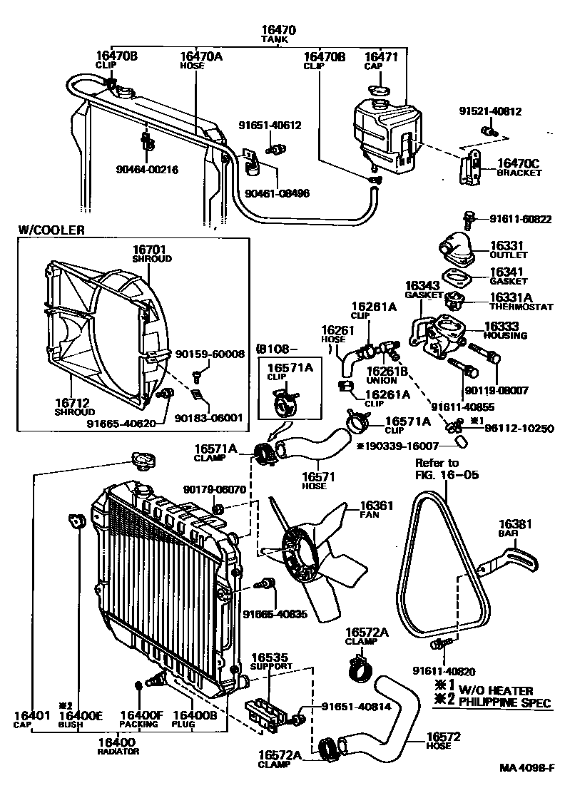 Toyota COROLLA RADIATOR & WATER OUTLET EPC diagram — MA4098F