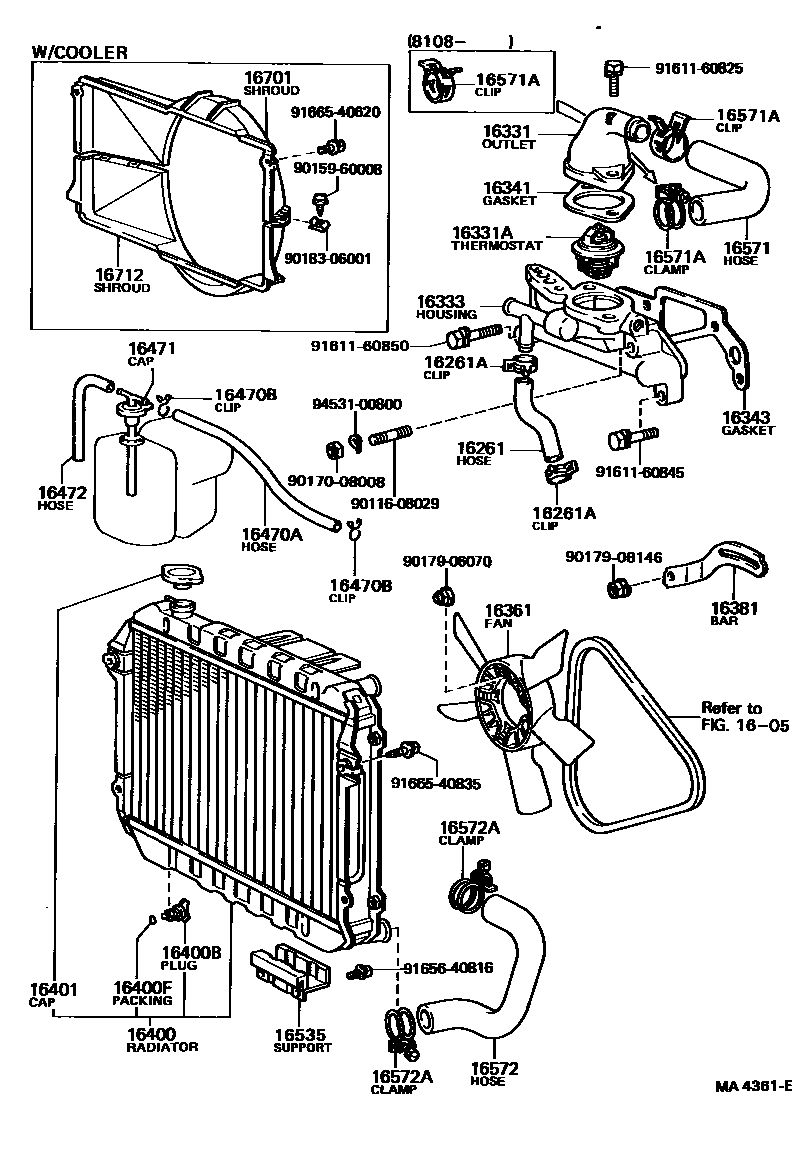 Toyota COROLLA RADIATOR & WATER OUTLET EPC diagram — MA4361E
