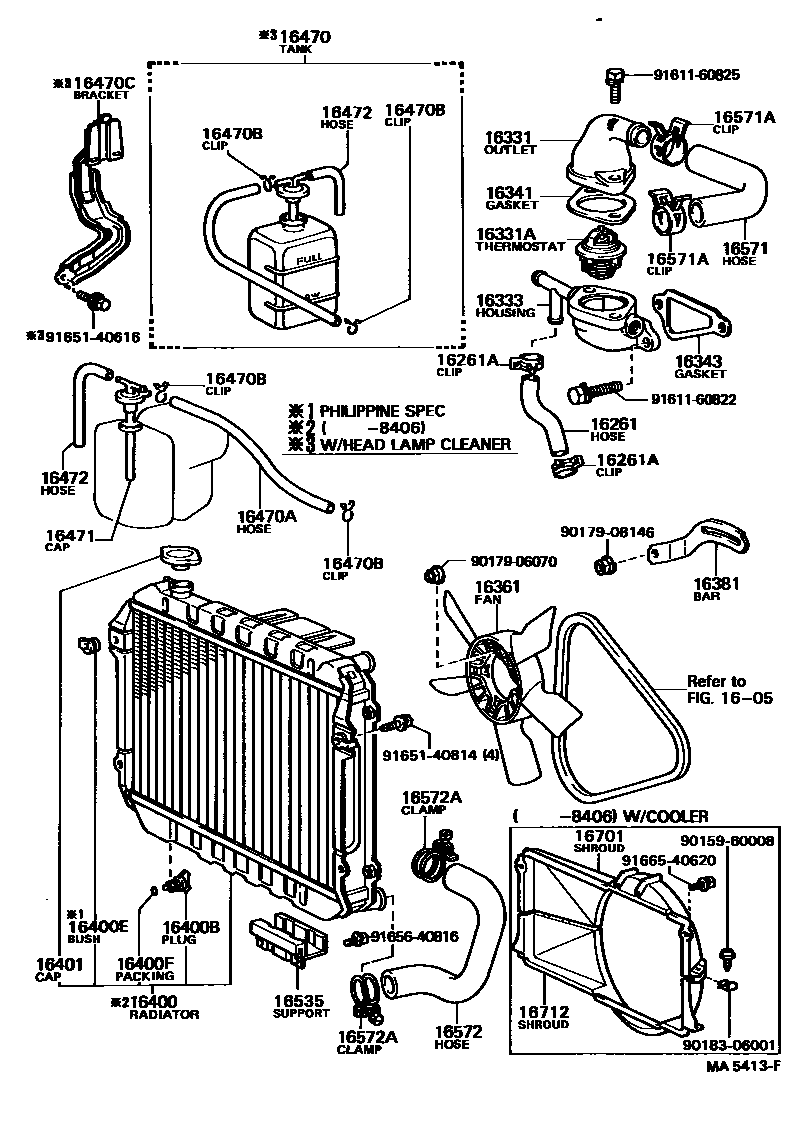 Toyota COROLLA RADIATOR & WATER OUTLET EPC diagram — MA5413F