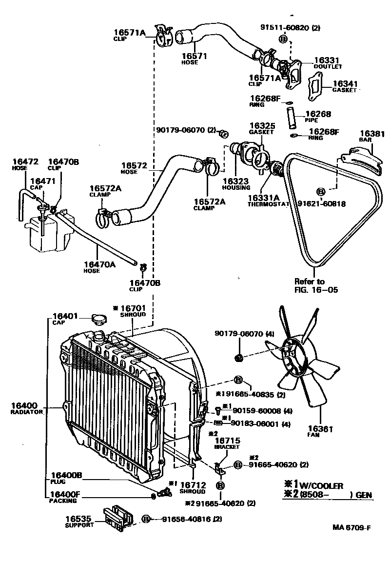 Toyota COROLLA RADIATOR & WATER OUTLET EPC diagram — MA6709F
