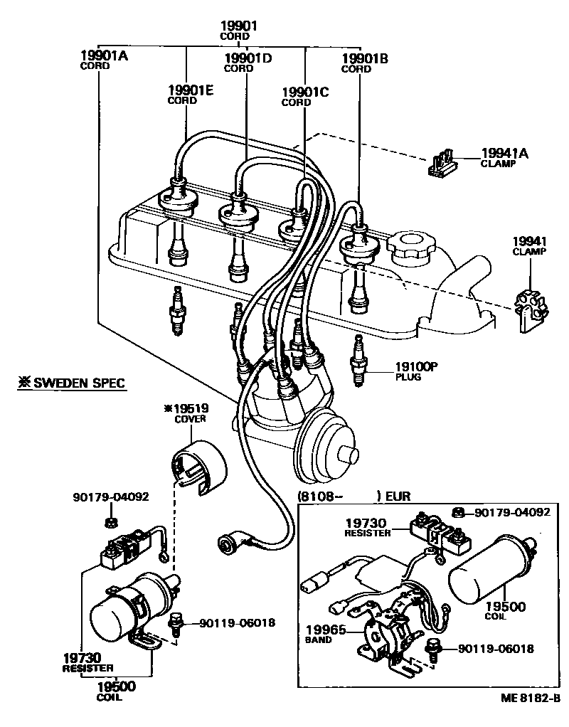 Toyota COROLLA 点火线圈和火花塞 /电热塞 EPC diagram — ME8182B