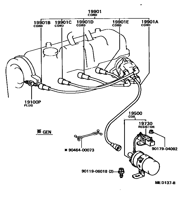 Toyota COROLLA 点火线圈和火花塞 /电热塞 EPC diagram — MED137B