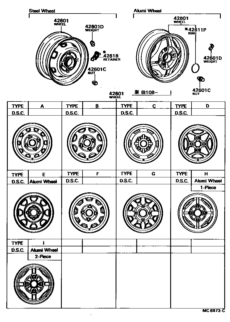 Toyota COROLLA 车轮和车轮盖 EPC diagram — MC6973C