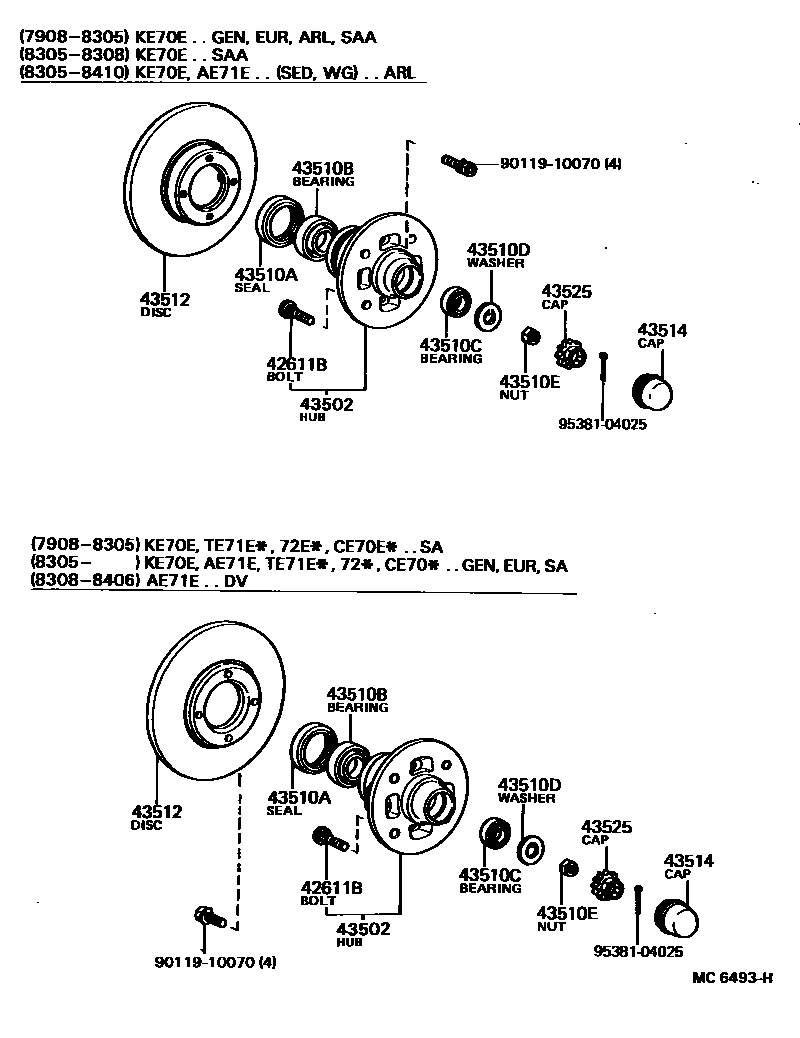 Toyota COROLLA Front Axle Hub EPC diagram — MC6493H