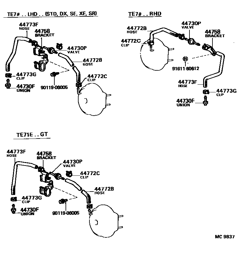 Toyota COROLLA 制动助力器和真空管 EPC diagram — MC9837