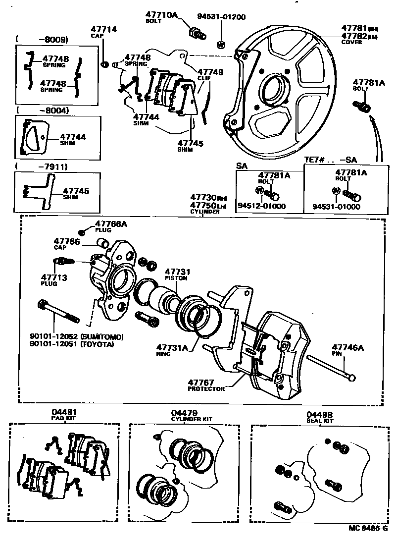 Toyota COROLLA 前盘式制动器卡钳和防尘罩 EPC diagram — MC6486G