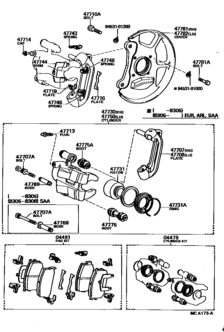 Toyota COROLLA 前盘式制动器卡钳和防尘罩 EPC diagram — MCA173A