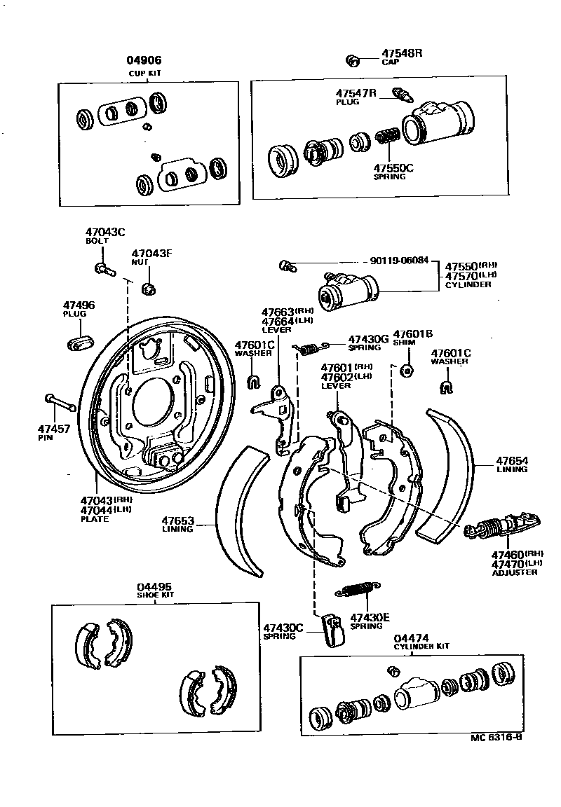 Toyota COROLLA 后鼓式制动器分泵和底板 EPC diagram — MC6316B