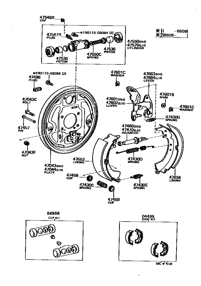 Toyota COROLLA 后鼓式制动器分泵和底板 EPC diagram — MCV910