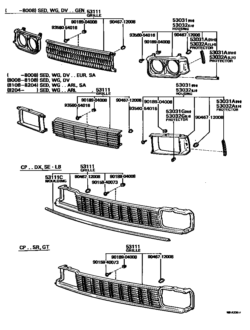 Toyota COROLLA radiator grille EPC diagram — MBA336F