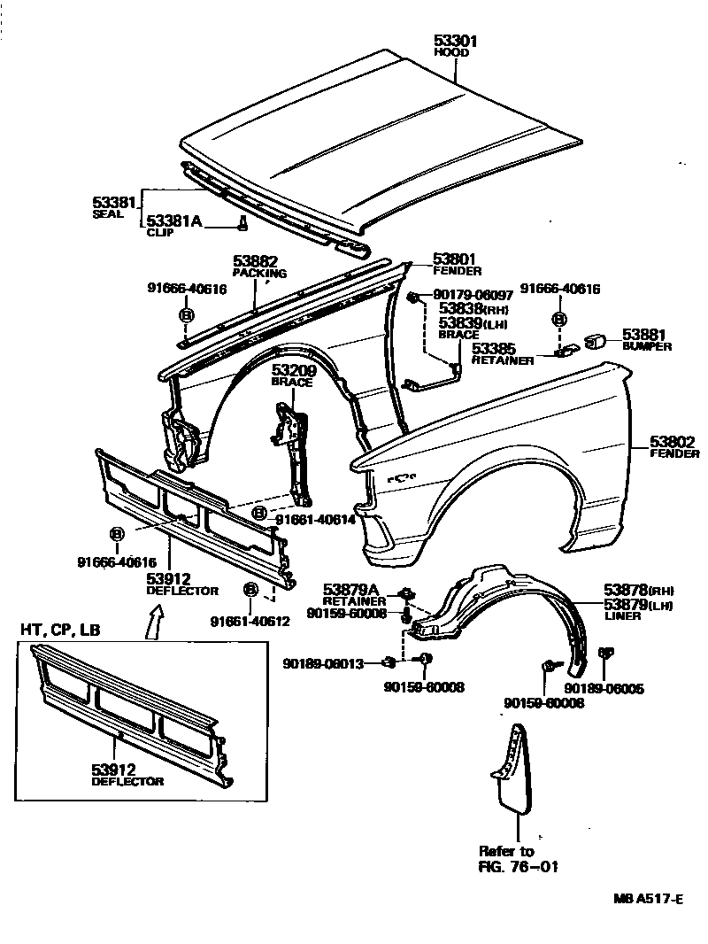Toyota COROLLA 发动机盖和前翼子板 EPC diagram — MBA517E