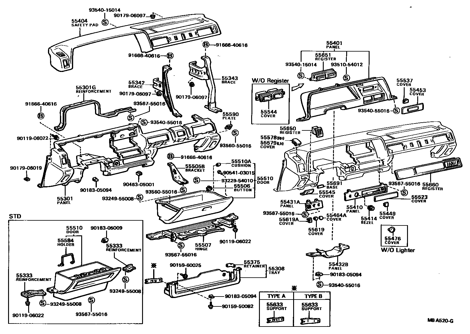 Toyota COROLLA 仪表板和手套箱 EPC diagram — MBA520G