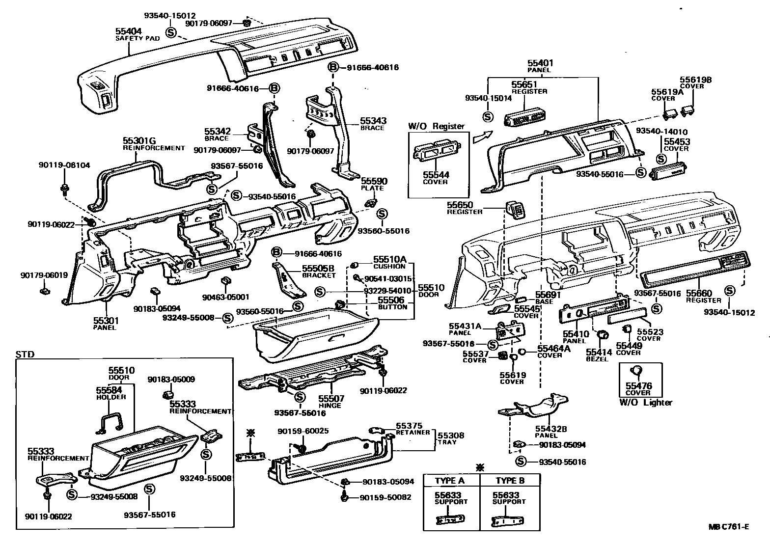 Toyota COROLLA 仪表板和手套箱 EPC diagram — MBC761E