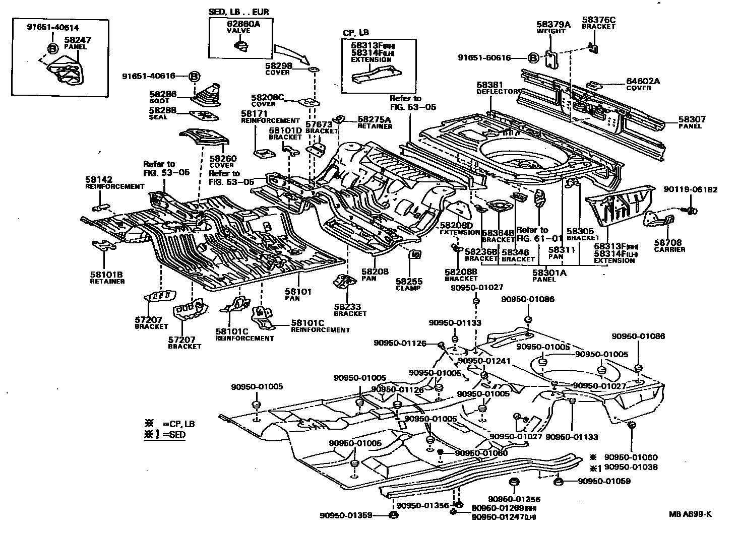 Toyota COROLLA 浅盘形地板和车身下背板 EPC diagram — MBA699K