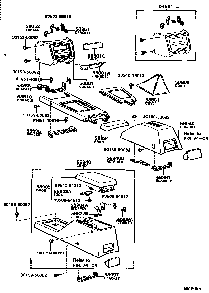 Toyota COROLLA 中央扶手箱和支架 EPC diagram — MBA055I
